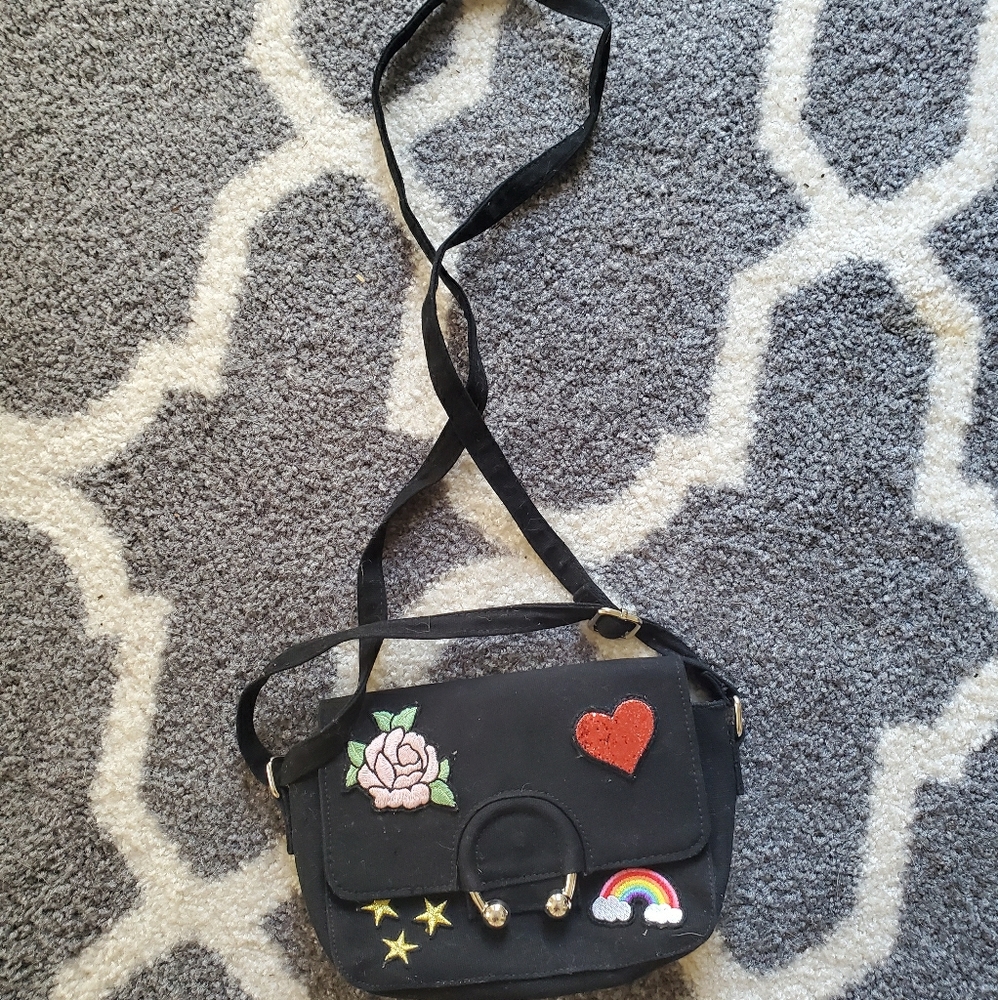 Black Crossbody purse with Sewn patches